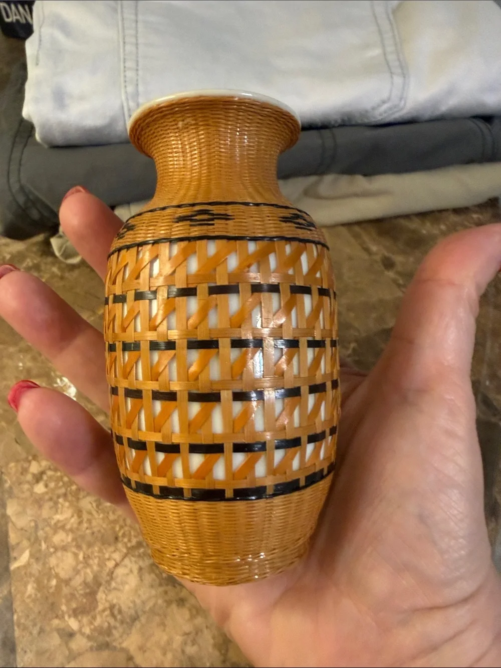 Vintage Miniature Chines Hand- Woven Bamboo  Encased Porcelain Vase Mid Cen